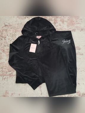 Juicy Couture Liquorice Black Velour Hoodie & Pants Set - L